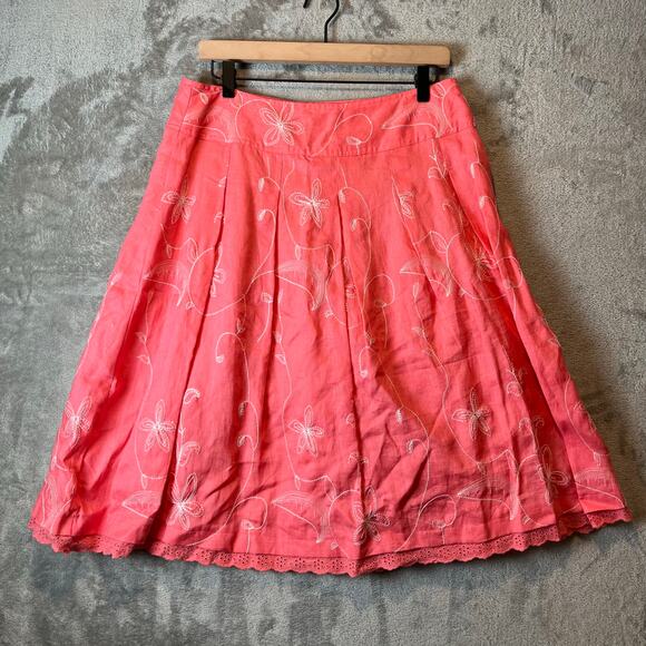 Y2K Boho Pink Embroidered Floral Linen Midi Skirt Cottagecore Fairycore Size 10 - Picture 1 of 4